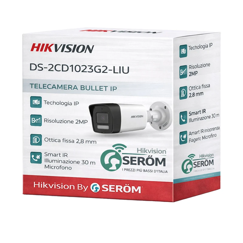DS-2CD1023G2-LIU - Telecamera Bullet 2MP Full HD 2.8mm con Intelligenza Artificiale, Smart Hybrid Light, Audio e IP67