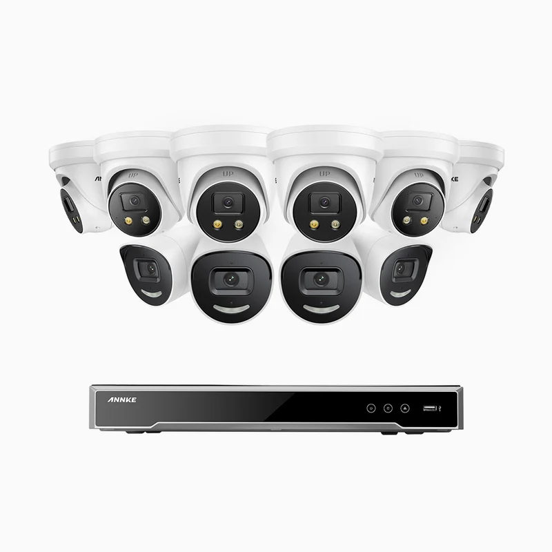 H800X - 4K 16 Channel PoE Security System with 4 Bullet & 6 Turret Cameras, 1/1.8'' BSI Sensor, f/1.6 Aperture (0.003 Lux), Siren & Strobe Alarm,Two-Way Audio, Human & Vehicle Detection, Perimeter Protection, All-Metal Housing