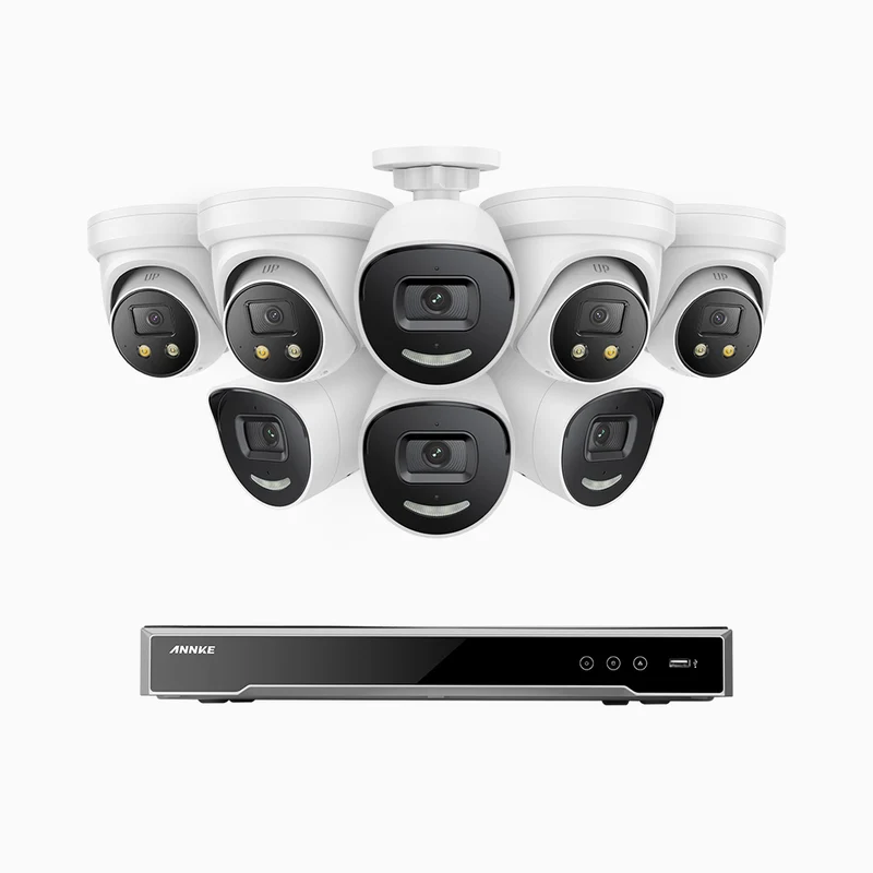 H800X - 4K 16 Channel PoE Security System with 4 Bullet & 4 Turret Cameras, 1/1.8'' BSI Sensor, f/1.6 Aperture (0.003 Lux), Siren & Strobe Alarm,Two-Way Audio, Human & Vehicle Detection, Perimeter Protection, All-Metal Housing