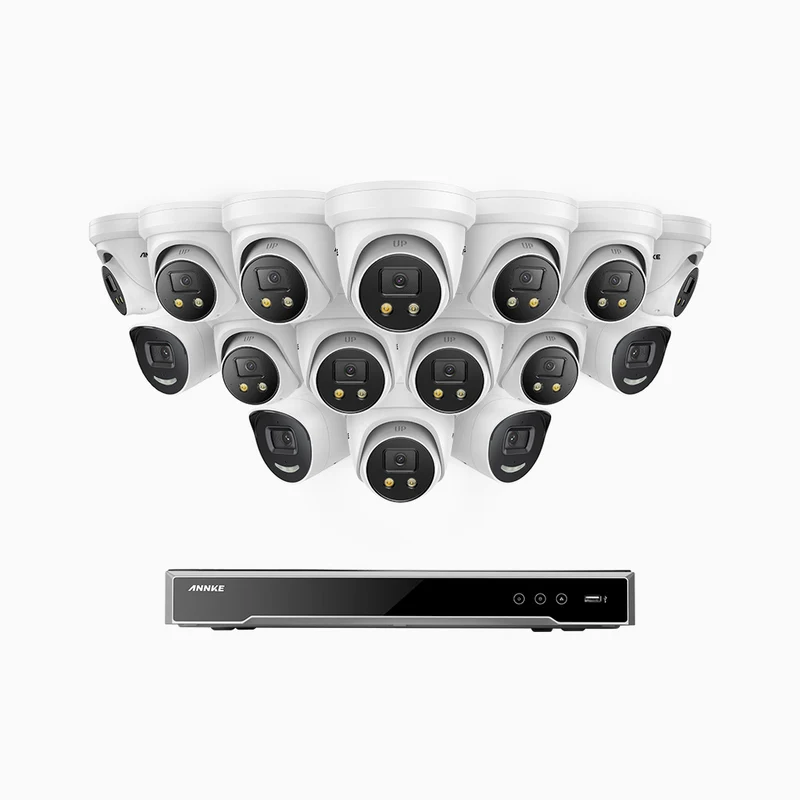 H800X - 4K 16 Channel PoE Security System with 4 Bullet & 12 Turret Cameras, 1/1.8'' BSI Sensor, f/1.6 Aperture (0.003 Lux), Siren & Strobe Alarm,Two-Way Audio, Human & Vehicle Detection, Perimeter Protection, All-Metal Housing