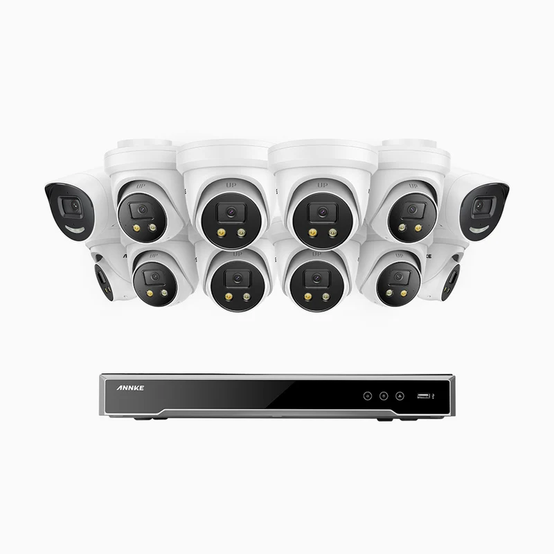 H800X - 4K 16 Channel PoE Security System with 2 Bullet & 10 Turret Cameras, 1/1.8'' BSI Sensor, f/1.6 Aperture (0.003 Lux), Siren & Strobe Alarm,Two-Way Audio, Human & Vehicle Detection, Perimeter Protection, All-Metal Housing