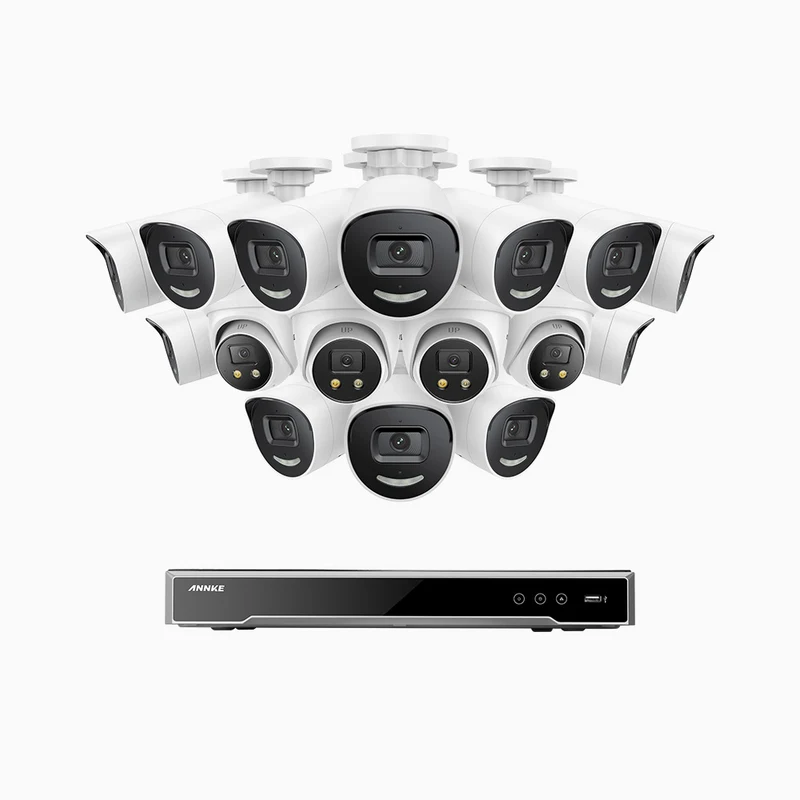 H800X - 4K 16 Channel PoE Security System with 12 Bullet & 4 Turret Cameras, 1/1.8'' BSI Sensor, f/1.6 Aperture (0.003 Lux), Siren & Strobe Alarm,Two-Way Audio, Human & Vehicle Detection, Perimeter Protection, All-Metal Housing