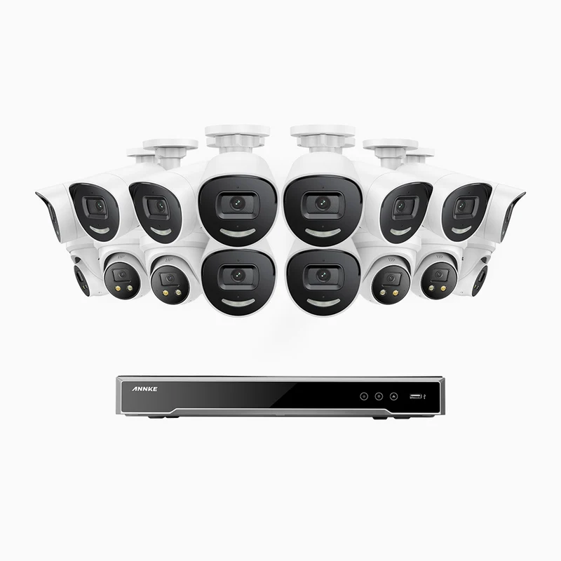 H800X - 4K 16 Channel PoE Security System with 10 Bullet & 6 Turret Cameras, 1/1.8'' BSI Sensor, f/1.6 Aperture (0.003 Lux), Siren & Strobe Alarm, Two-Way Audio, Human & Vehicle Detection, Perimeter Protection, All-Metal Housing