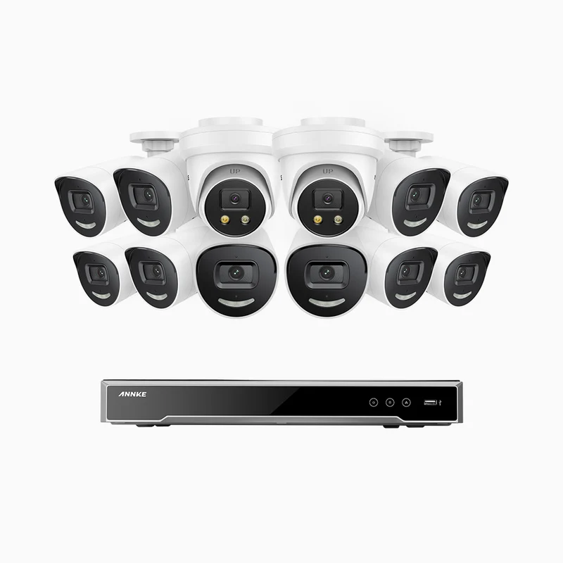 H800X - 4K 16 Channel PoE Security System with 10 Bullet & 2 Turret Cameras, 1/1.8'' BSI Sensor, f/1.6 Aperture (0.003 Lux), Siren & Strobe Alarm,Two-Way Audio, Human & Vehicle Detection, Perimeter Protection, All-Metal Housing