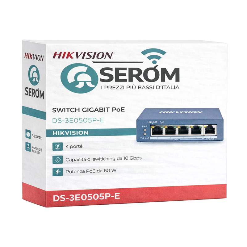 DS-3E0505P-E - Switch Gigabit PoE 4 Porte Non Gestito 60W per Telecamere IP e Reti Professionali - Hikvision
