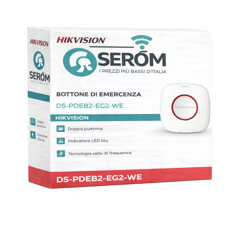 DS-PDEB2-EG2-WE - Bottone di Emergenza Wireless 868MHz con Doppio Pulsante e LED - Hikvision