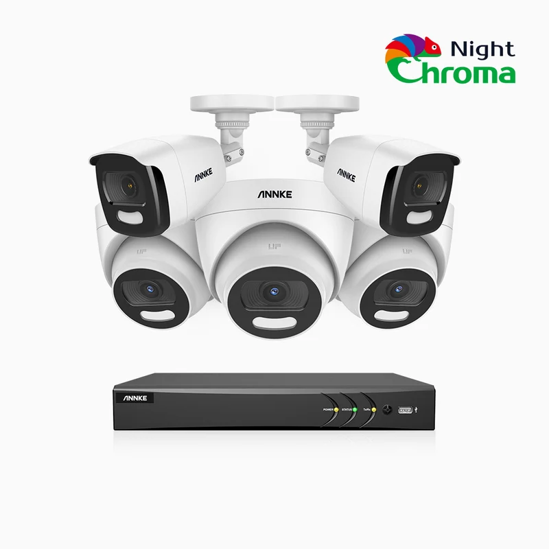 NightChroma TM NCK500 - 3K 8 Channel PoE Security System with 2 Bullet & 3 Turret Cameras, Acme Color Night Vision, f/1.0 Super Aperture, Active Alignment, Built-in Microphone, IP67, All-Metal Housing