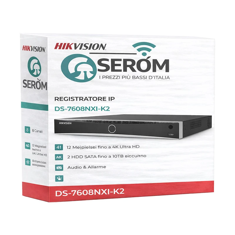 NVR IP DS-7608NXI-K2 8 Canali 12MP 4K Ultra HD con AI, H.265+, ONVIF - Hikvision
