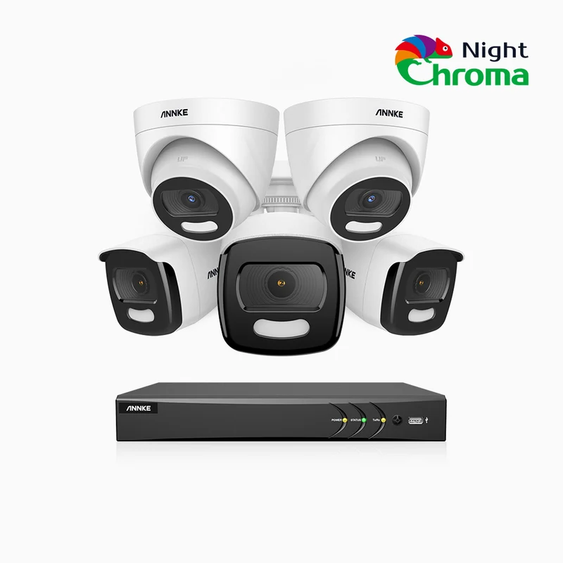 NightChroma TM NCK500 - 3K 8 Channel PoE Security System with 3 Bullet & 2 Turret Cameras, Acme Color Night Vision, f/1.0 Super Aperture, Active Alignment, Built-in Microphone, IP67, All-Metal Housing