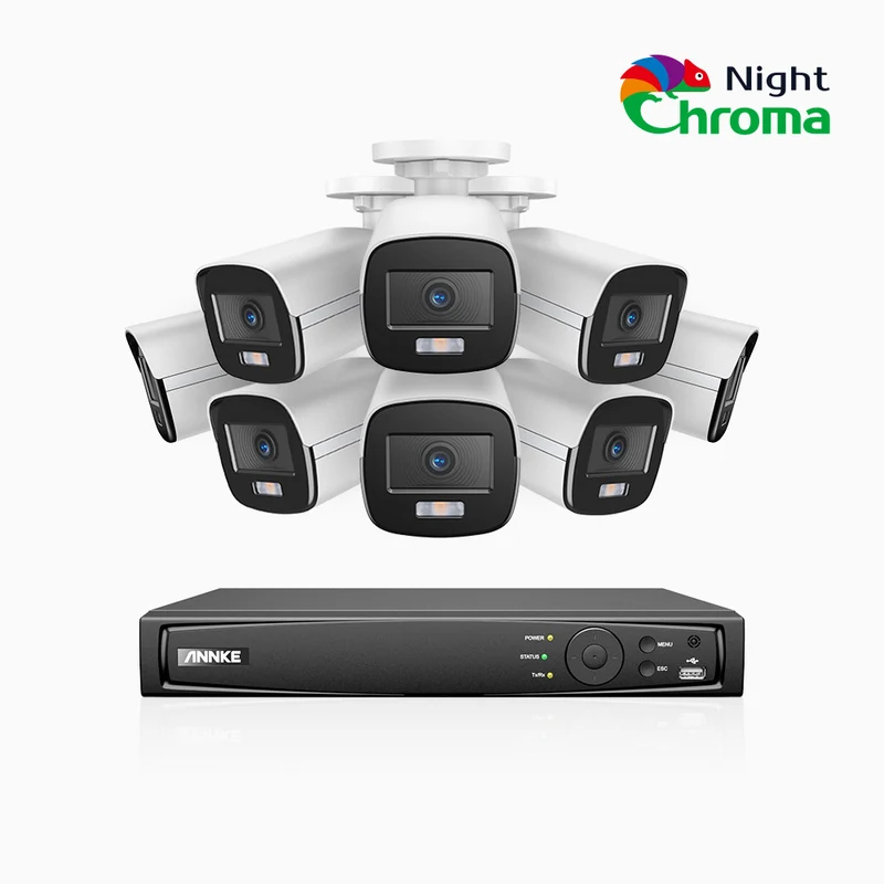 NightChroma TM NCK500 - 3K 16 Channel 8 Cameras PoE Security System, Acme Color Night Vision, f/1.0 Super Aperture, Active Alignment, Built-in Microphone, IP67, All-Metal Housing
