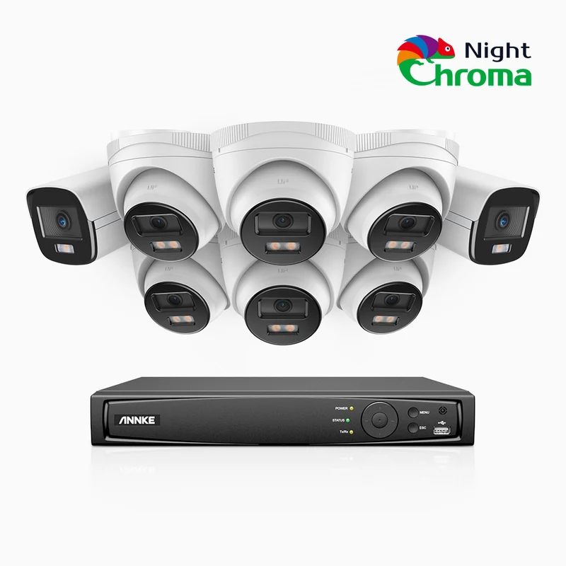 NightChroma TM NCK500 - 3K 8 Channel PoE Security System with 2 Bullet & 6 Turret Cameras, Acme Color Night Vision, f/1.0 Super Aperture, Active Alignment, Built-in Microphone, IP67, All-Metal Housing