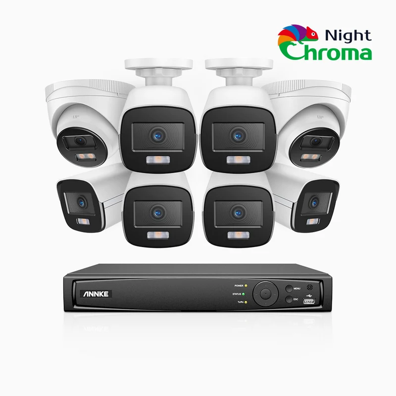 NightChroma TM NCK500 - 3K 8 Channel PoE Security System with 6 Bullet & 2 Turret Cameras, Acme Color Night Vision, f/1.0 Super Aperture, Active Alignment, Built-in Microphone, IP67, All-Metal Housing
