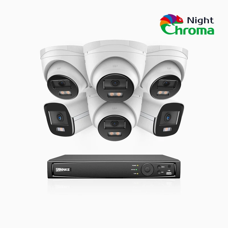 NightChroma TM NCK500 - 3K 8 Channel PoE Security System with 2 Bullet & 4 Turret Cameras, Acme Color Night Vision, f/1.0 Super Aperture, Active Alignment, Built-in Microphone, IP67, All-Metal Housing
