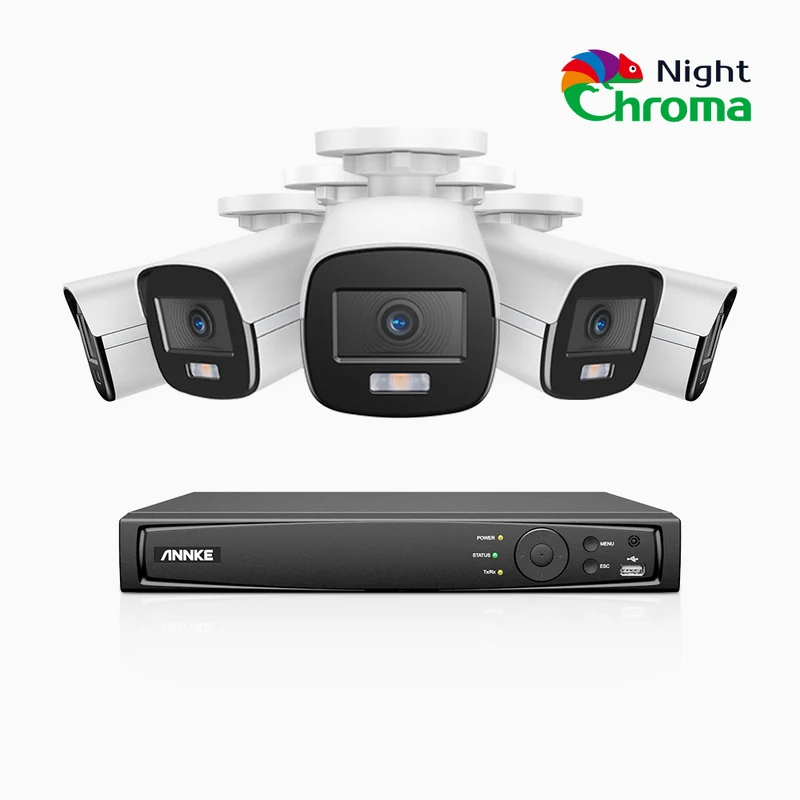 NightChroma TM NCK500 - 3K 8 Channel 5 Cameras PoE Security System, Acme Color Night Vision, f/1.0 Super Aperture, Active Alignment, Built-in Microphone, IP67, All-Metal Housing