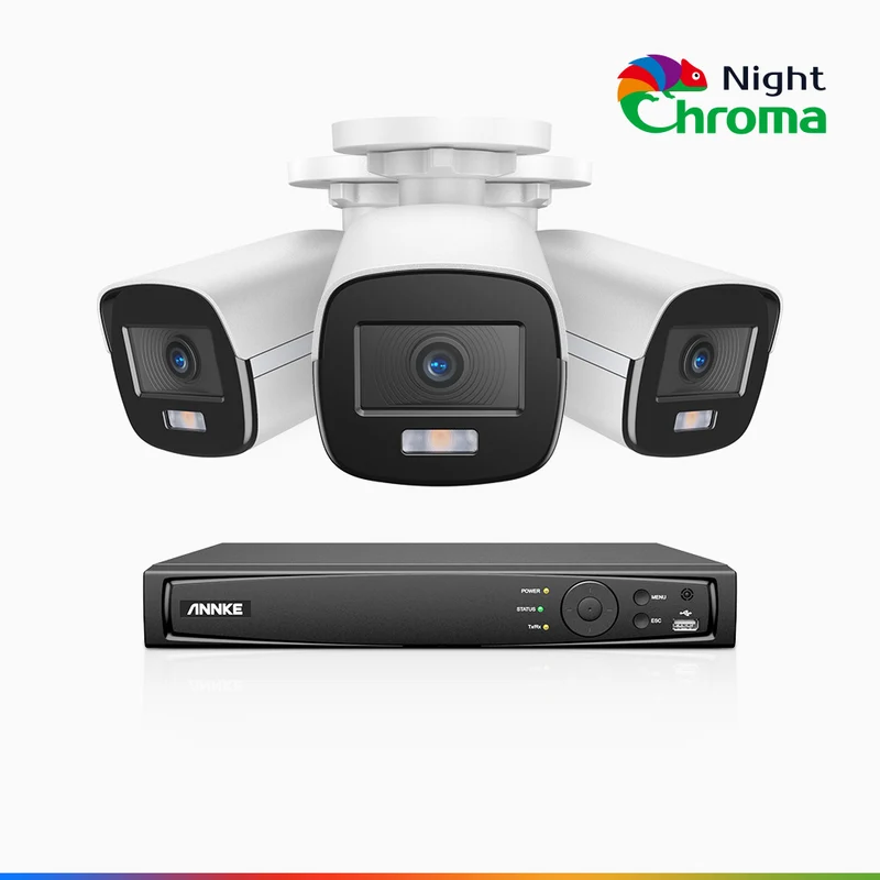 NightChroma TM NCK500 - 3K 8 Channel 3 Cameras PoE Security System, Acme Color Night Vision, f/1.0 Super Aperture, Active Alignment, Built-in Microphone, IP67, All-Metal Housing