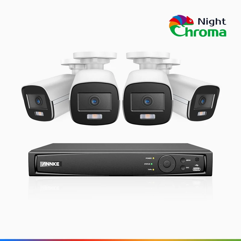 NightChroma TM NCK500 - 3K 8 Channel 4 Cameras PoE Security System, Acme Color Night Vision, f/1.0 Super Aperture, Active Alignment, Built-in Microphone, IP67, All-Metal Housing