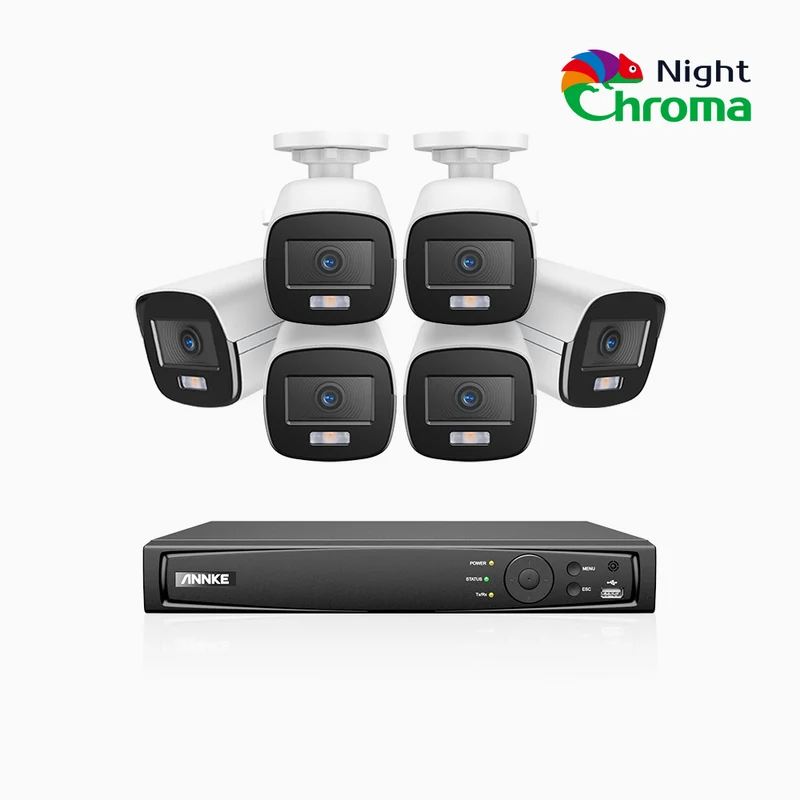 NightChroma TM NCK500 - 3K 8 Channel 6 Cameras PoE Security System, Acme Color Night Vision, f/1.0 Super Aperture, Active Alignment, Built-in Microphone, IP67, All-Metal Housing