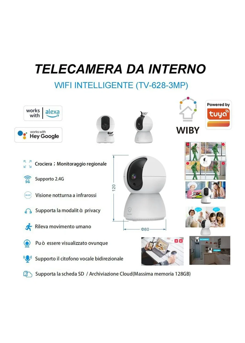 Telecamera WiFi da Interno 3MP | Alexa & Google | Rotazione 355° | WIBY TV-628