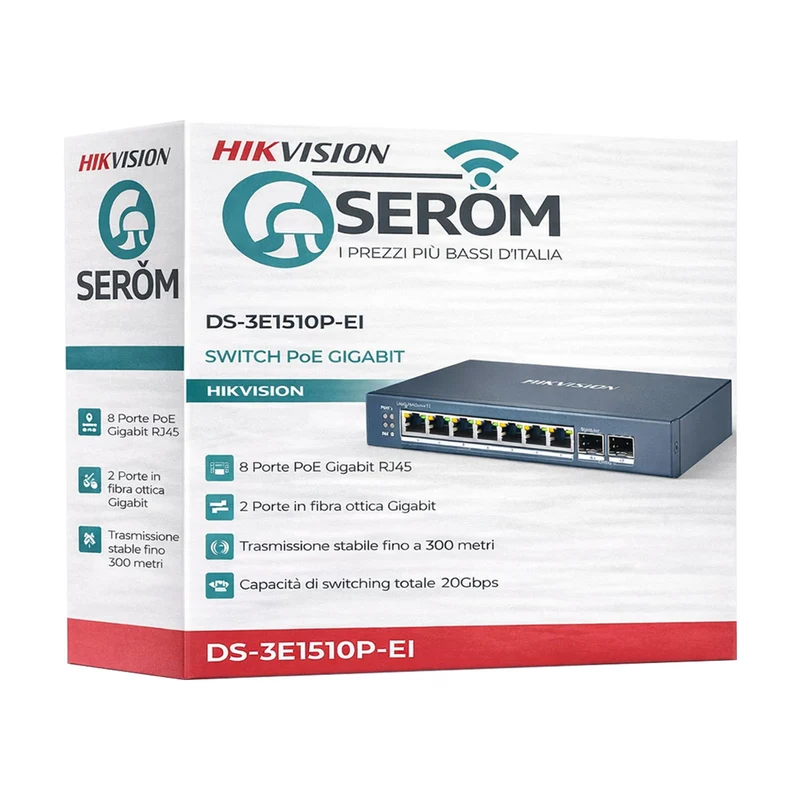 DS-3E1510P-EI - Switch PoE Gigabit Gestito 8 Porte + 2 Fibra, 20Gbps con Protezione 6KV e Gestione Rete Avanzata - Hikvision