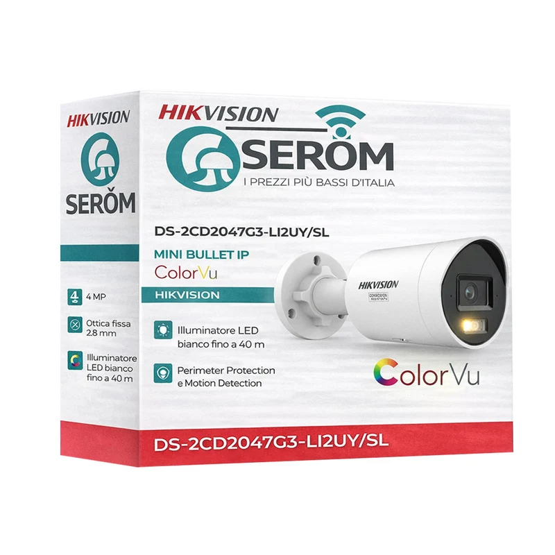 DS-2CD2047G3-LI2UY/SL - Telecamera ColorVu 4MP AI – Mini Bullet IP PoE con Visione a Colori 24/7, AcuSense, Audio Bidirezionale e Illuminatore LED 40m - Hikvision