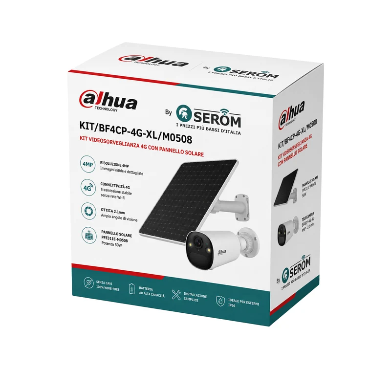 KIT/BF4CP-4G-XL/M0508 - Kit Telecamera 4G 4MP con Pannello Solare, AI Detection, Visione Notturna a Colori e IP66 - Dahua
