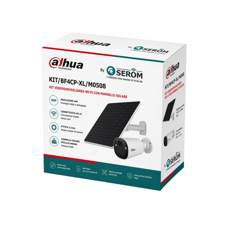 KIT/BF4CP-XL/M0508 - Kit Telecamera Wi-Fi 4MP con Pannello Solare, AI Detection, Visione Notturna a Colori e IP66 - Dahua