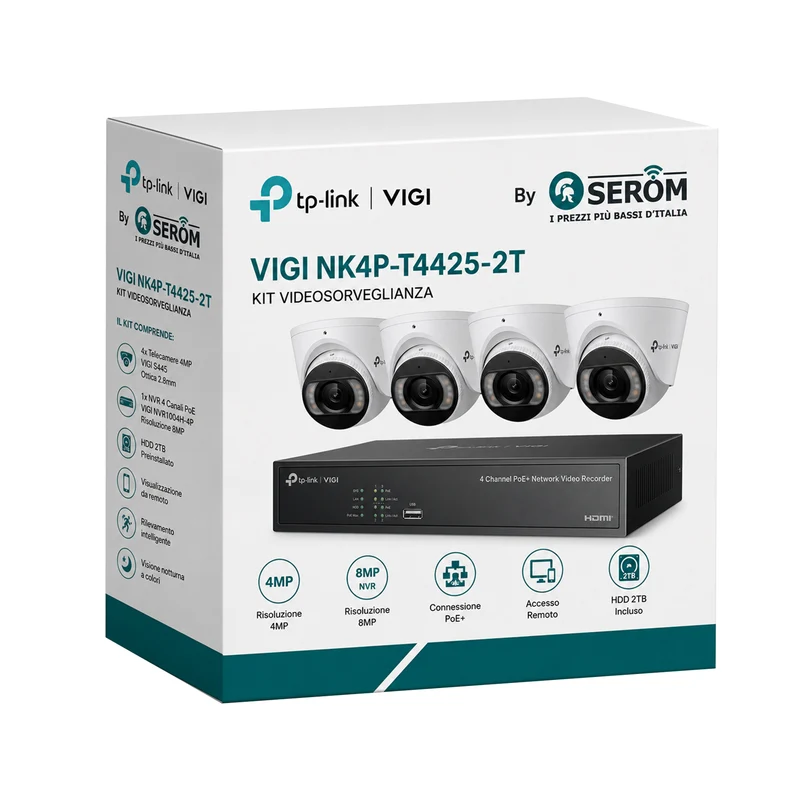 VIGI NK4P-T4425-2T - Kit Videosorveglianza 4 Telecamere 4MP Full Color con NVR PoE+ 4 Canali e Analisi Intelligente AI - VIGI