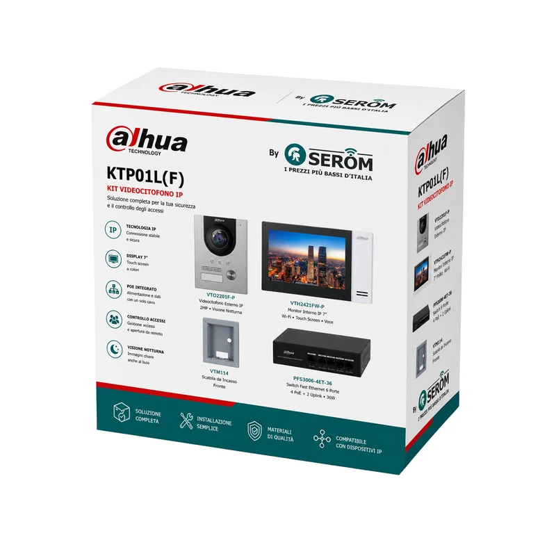 Kit Videocitofono IP Montaggio a incasso Postazione interna e Videocitofono e Switch PoE - Dahua