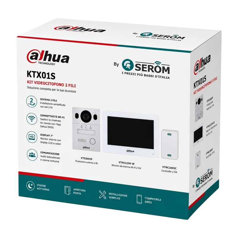 KTX01S - Kit videocitofono bifiliare ibrido - controller bifiliare - monitor bifiliare per indoor - scatola di montaggio a parete - Dahua
