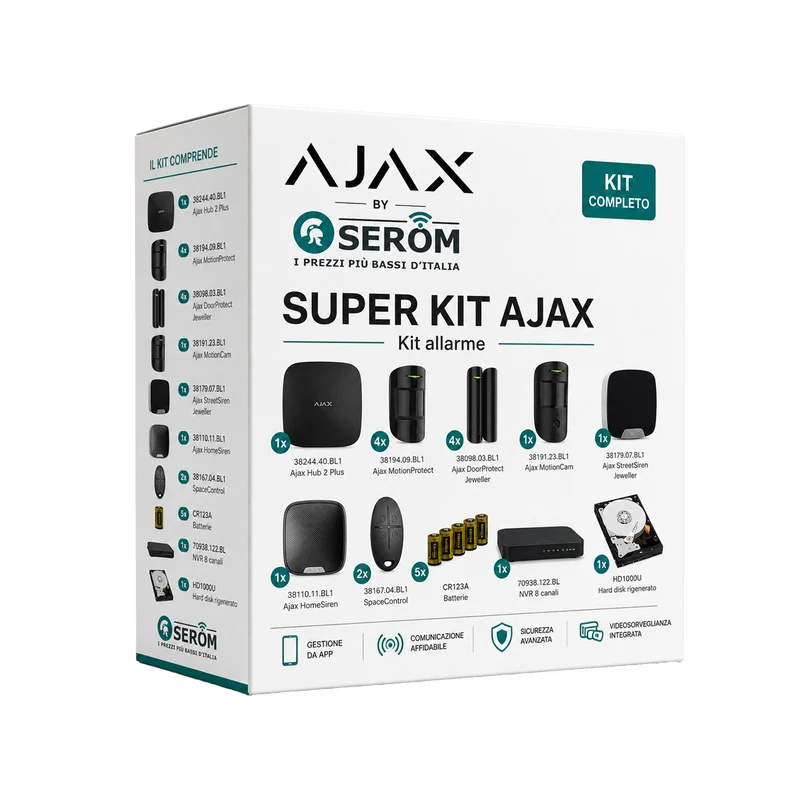 SUPER-KIT-AJAX_B - Super Kit Ajax completo di Hub 2 Plus, DoorProtect, MotionCam, MotionProtect, HomeSiren, StreetSiren, SpaceControl, Batterie CR123A, NVR e HardDisk - Colore Nero