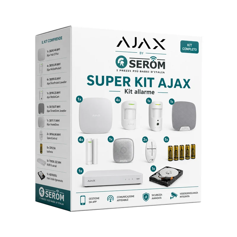 SUPER-KIT-AJAX_W - Super Kit Ajax completo di Hub 2 Plus, DoorProtect, MotionCam, MotionProtect, HomeSiren, StreetSiren, SpaceControl, Batterie CR123A, NVR e HardDisk - Colore Bianco