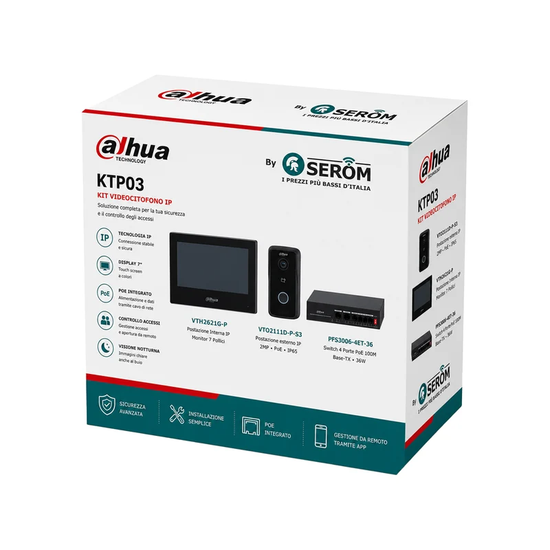 Kit Videocitofono IP Dahua KTP03 con Monitor 7", Postazione Esterna IP e Switch PoE 4 Porte Completo